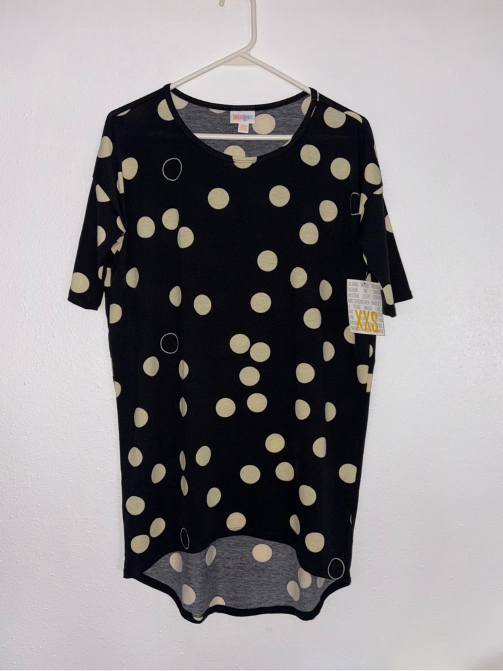 LuLaRoe Irma Black Tunic with Cream Polka Dots - Size XXS NWT